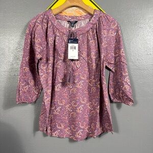 NWT Chaps Mauve Floral Paisley Peasant Top with Tassels| Small| 3/4 Sleeve